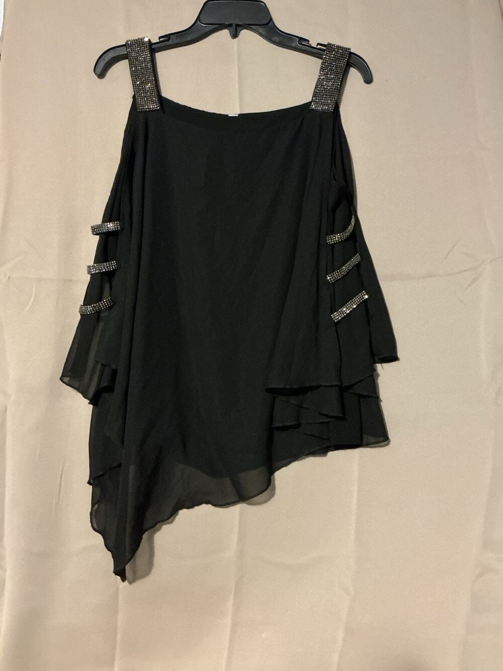 Strappy Top SZ L Black Rhinestone Overlay Semi Sheer Layered Holidays Party